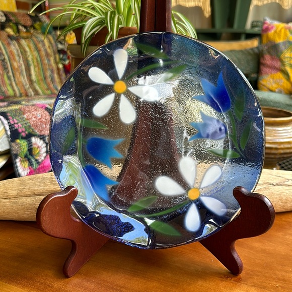 Transperence L’art du verre Other - Transperence L’art du verre Quebec ruffled edge floral blue art glass plate.